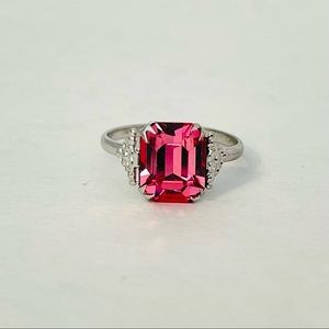 Pink Stone Silver Ring with Butterfly and Flower